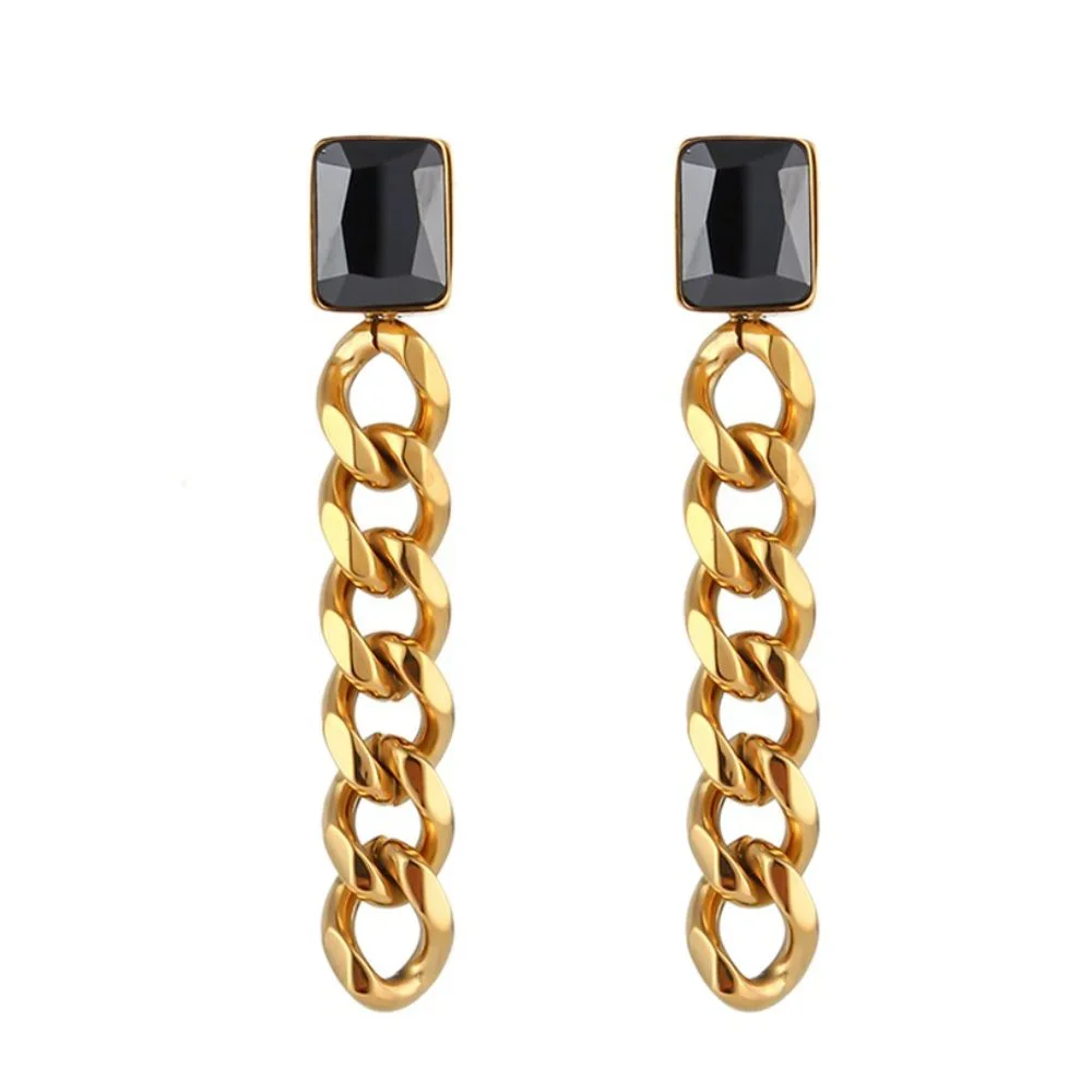 Black Zircon 18K Gold Plated Chain Stainless Steel Earrings - Picture 1 of 5